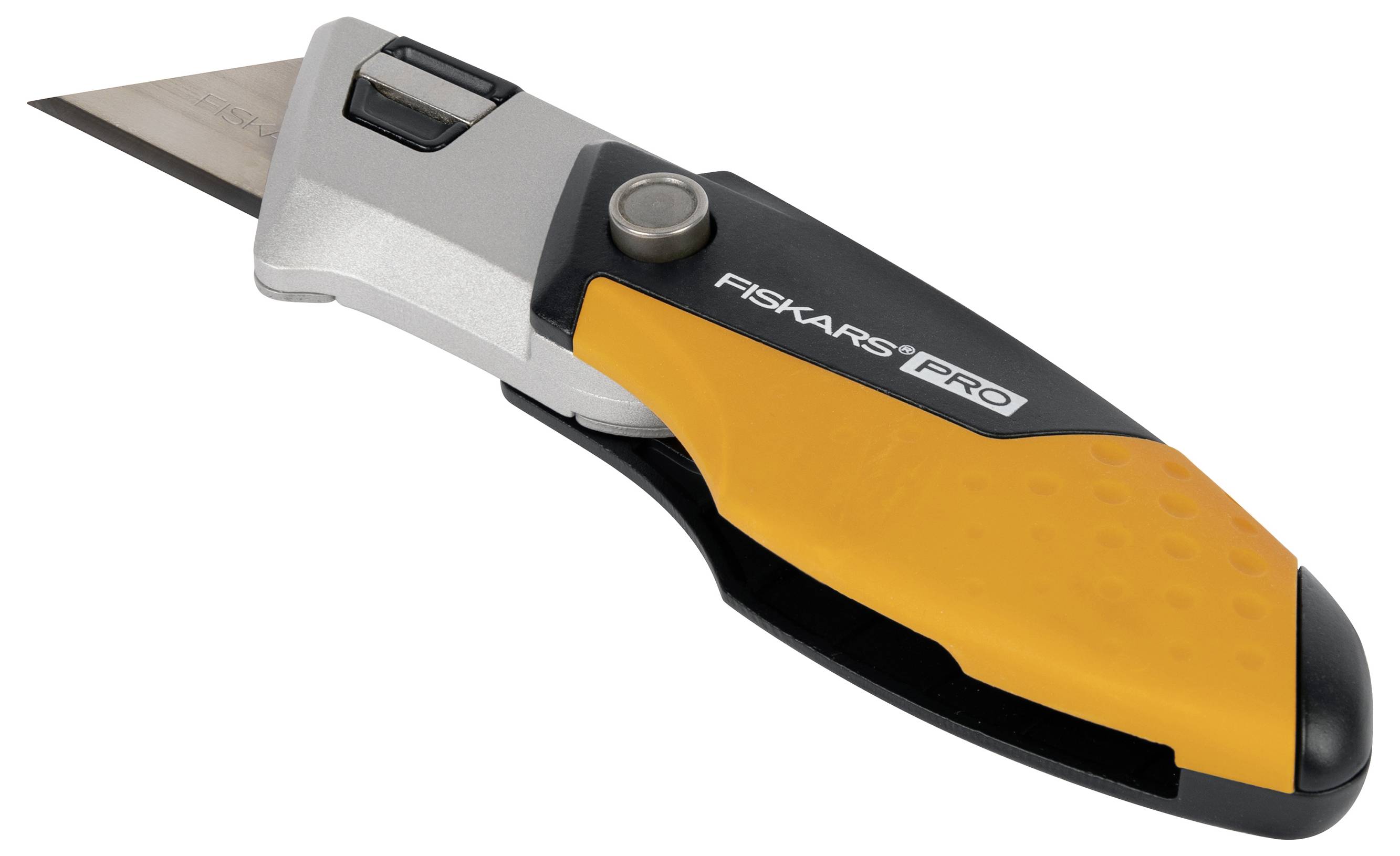 En gul och svart fällkniv med texten 'Fiskars PRO' på handtaget.