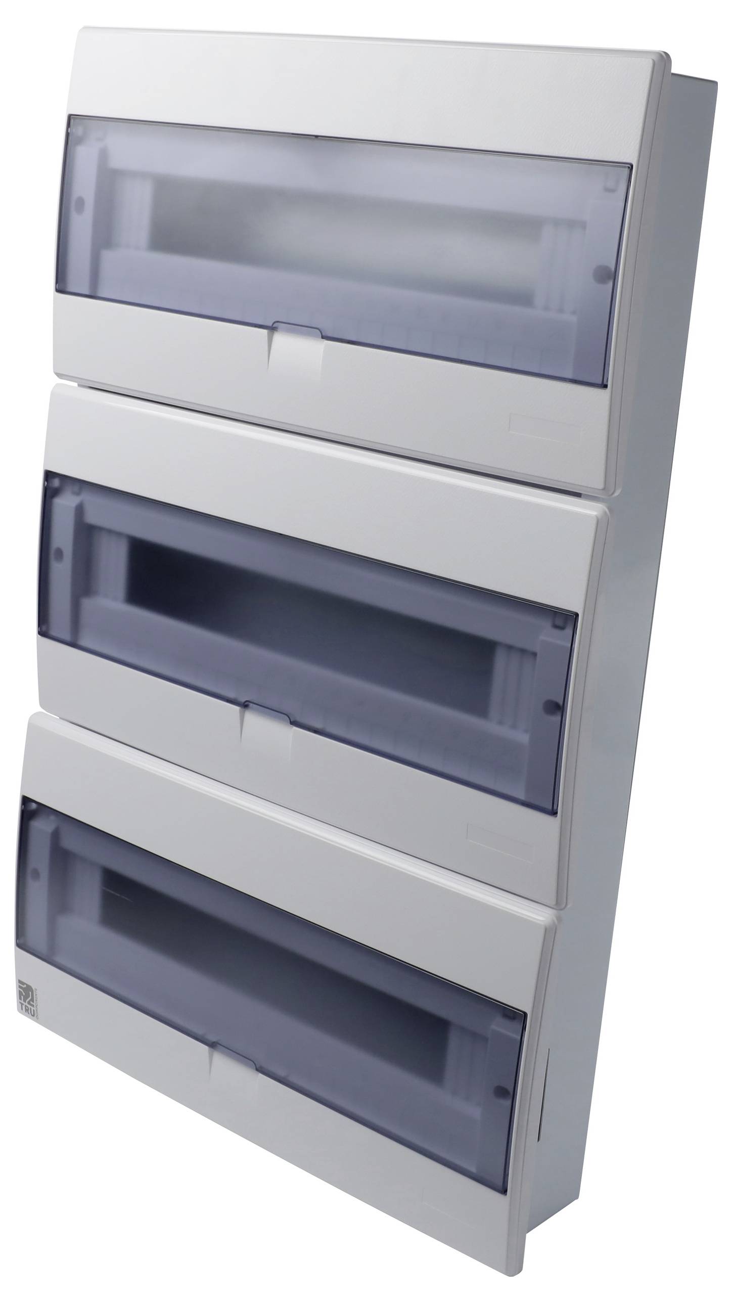 En elcentral med tre horisontella rader, var och en täckt av en genomskinlig dörr, avsedd för förvaring av säkringar eller automatsäkringar.
