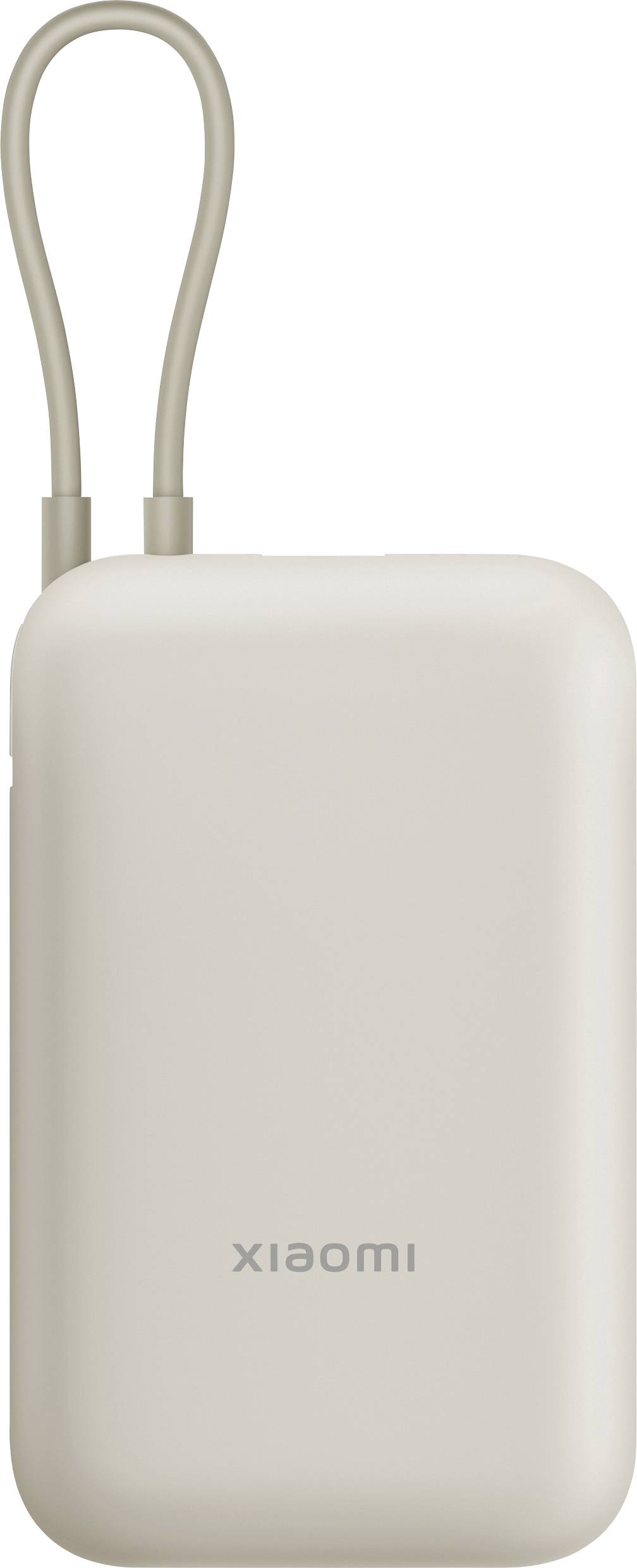 En beige bärbar powerbank med en slinga som rem och varumärkesnamnet tryckt på dess yta.
