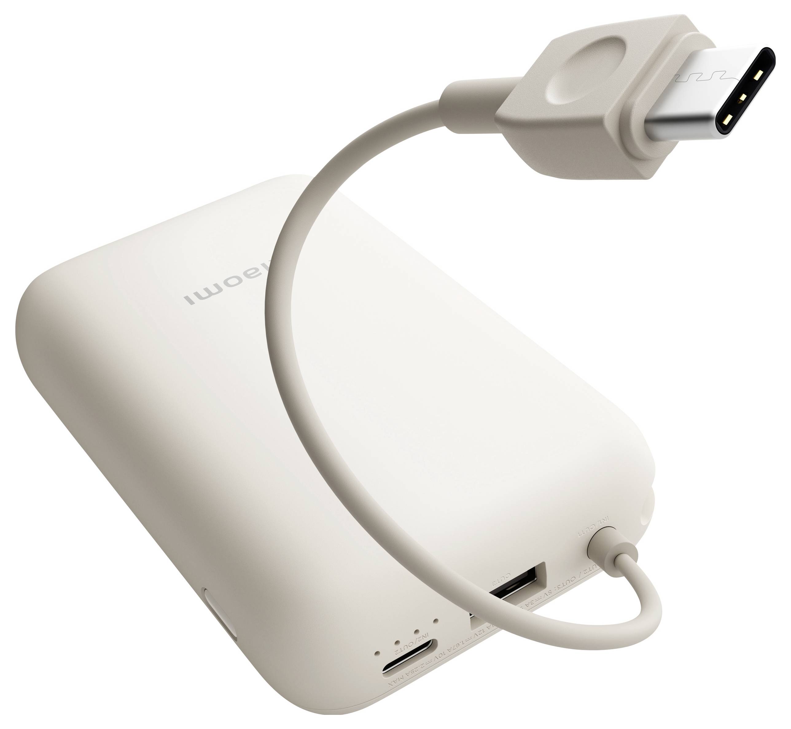 En kompakt powerbank med en USB-C-kabel ansluten, med en slät, vit design. Enheten har ett varumärkeslogotyp på sin yta.