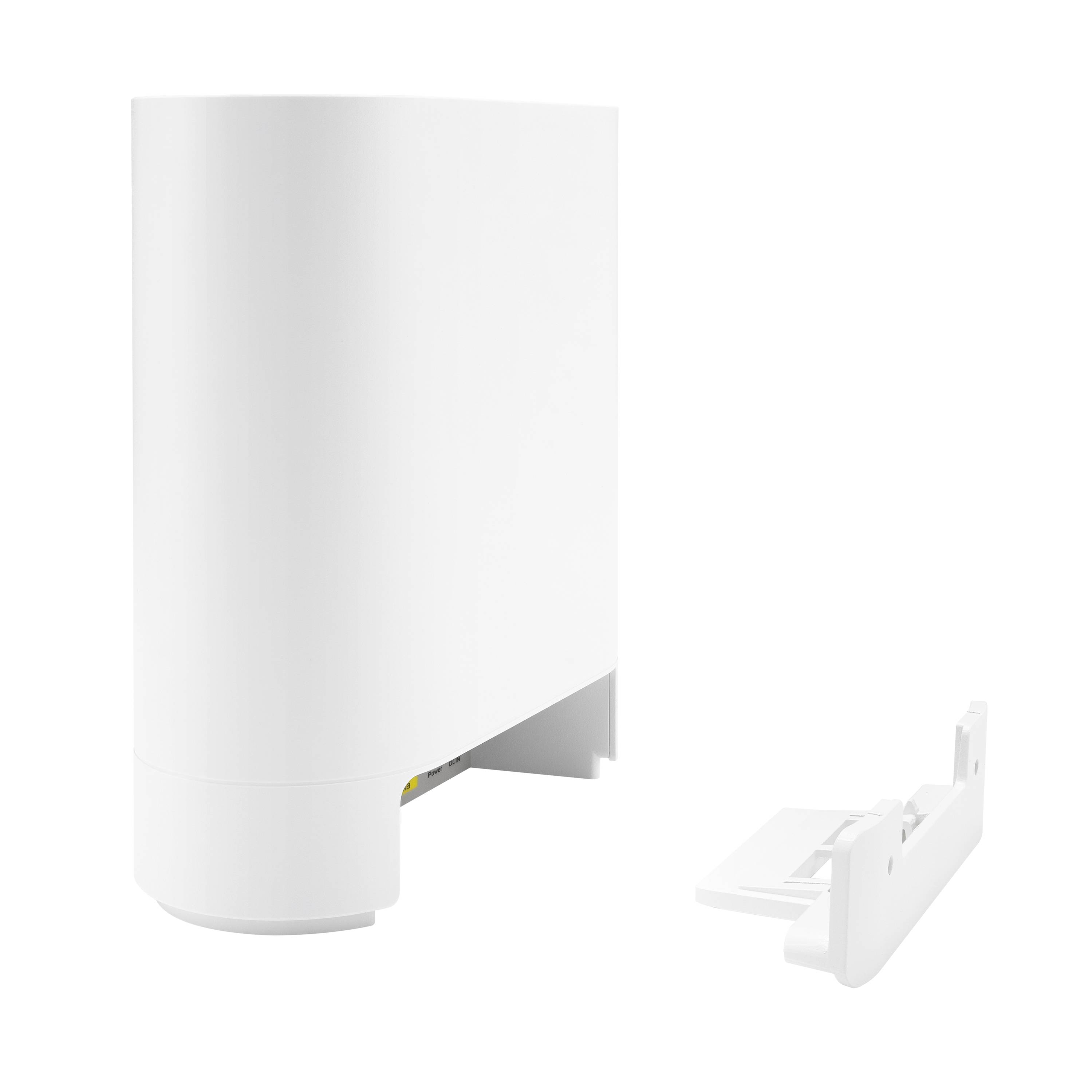 En vit, cylindrisk WLAN-router-enhet med en avtagbar väggfäste bredvid till höger.