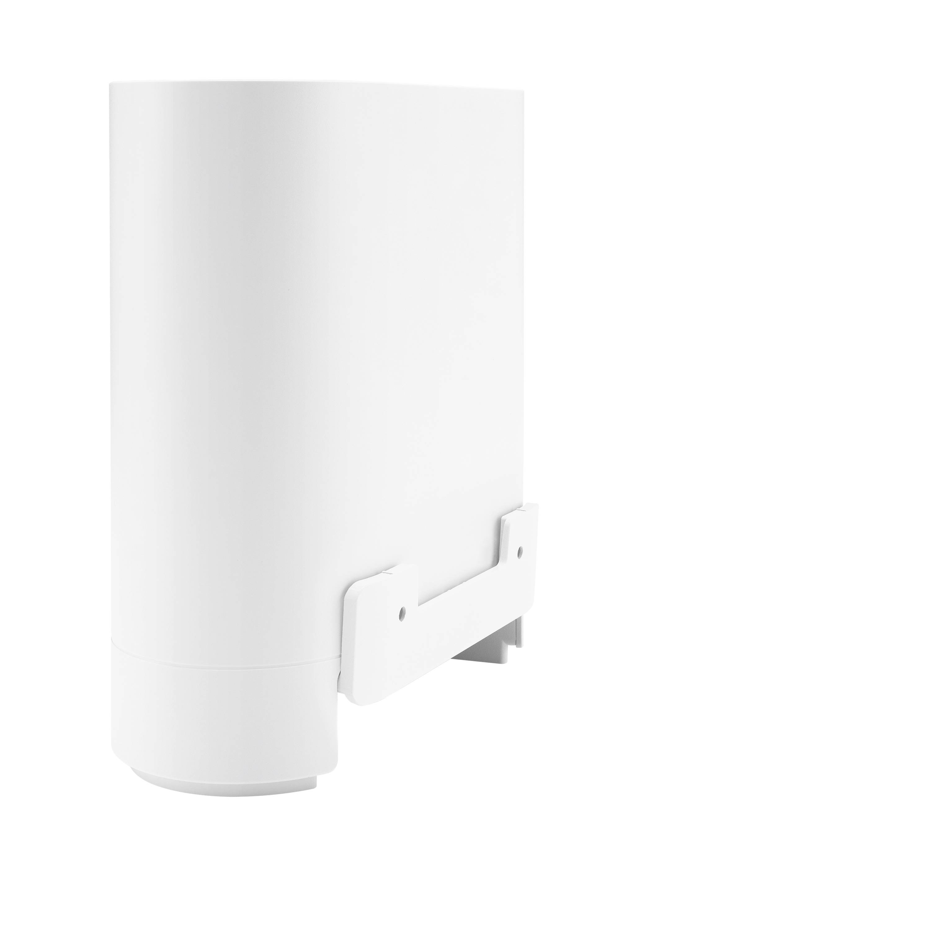 En vit, cylindrisk router eller modem med avrundade hörn och ett stabilt, vertikalt fäste på vit bakgrund.