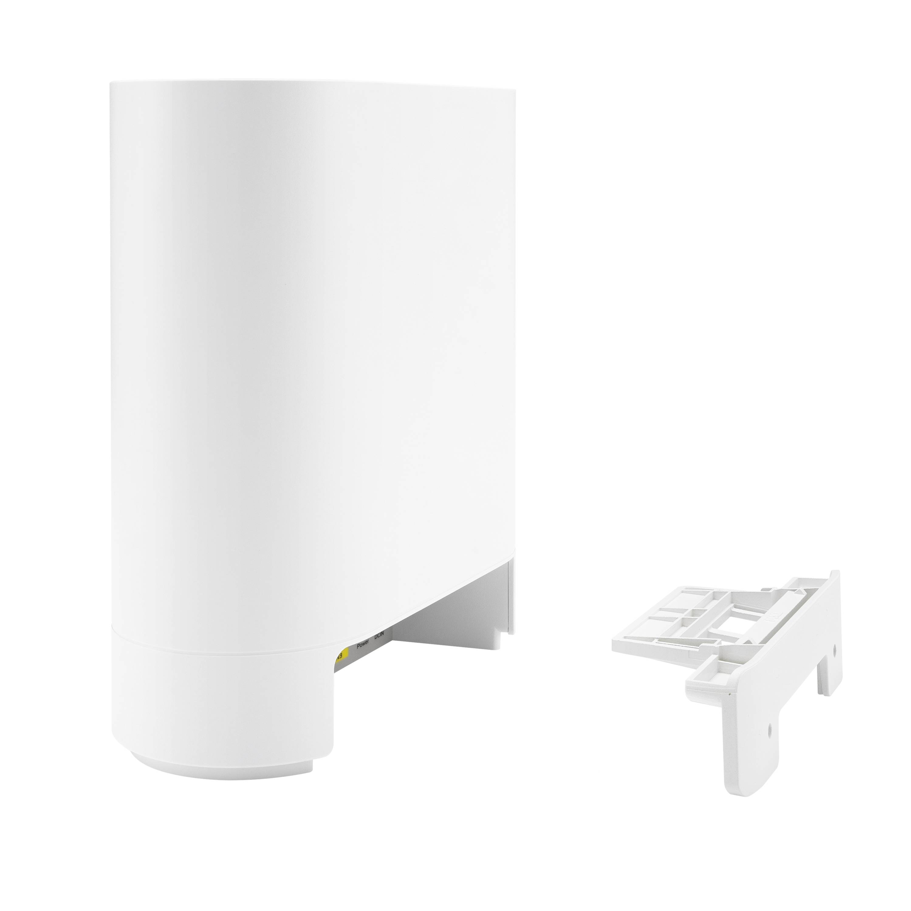 Vit WLAN-router med avtagbar fäste mot vit bakgrund. Lämplig för användning i hemmet eller på kontoret.