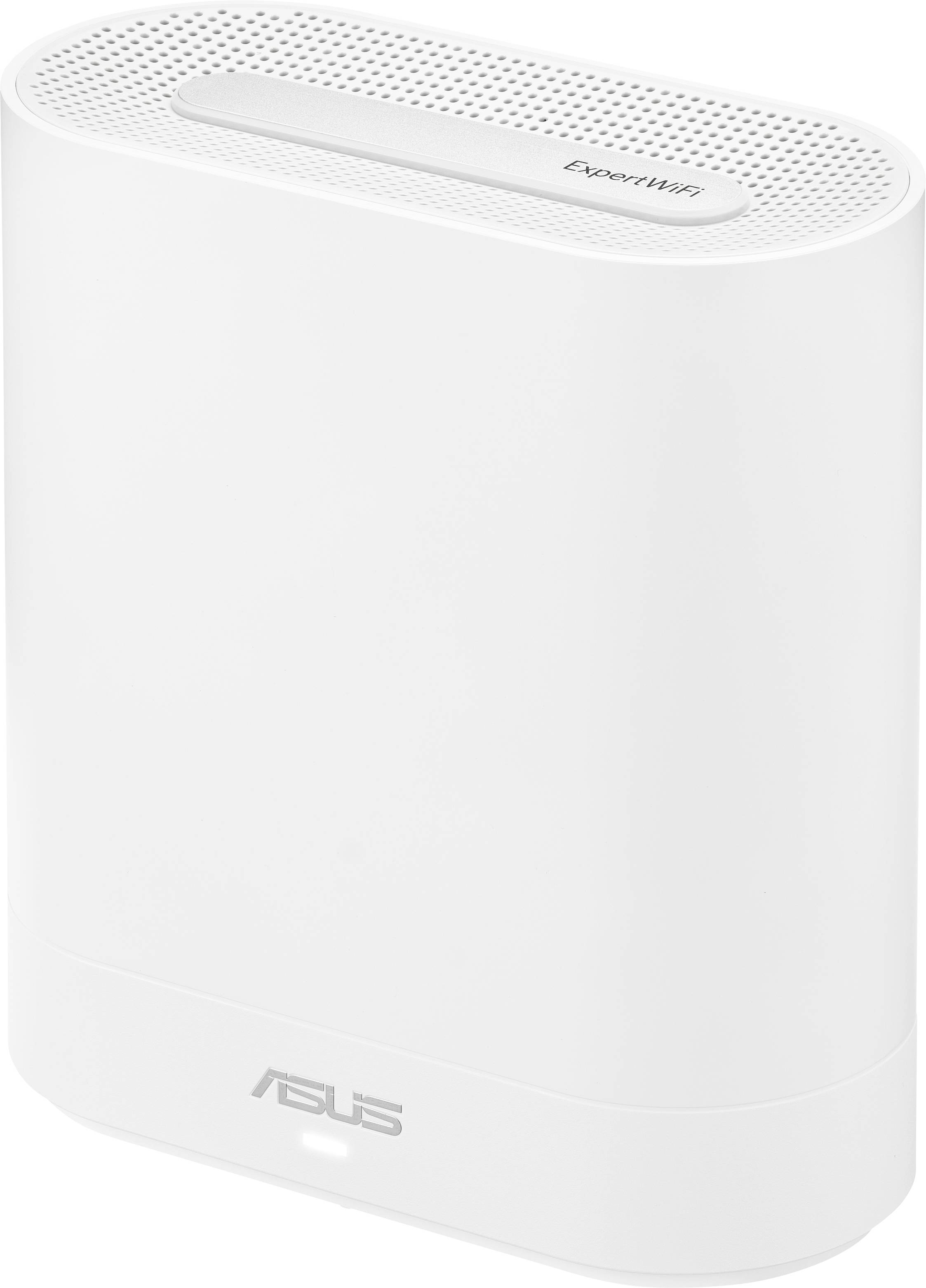 Vit ASUS-router, stående vertikalt, med logotyp nertill och 'ExpertWiFi' ovanför.