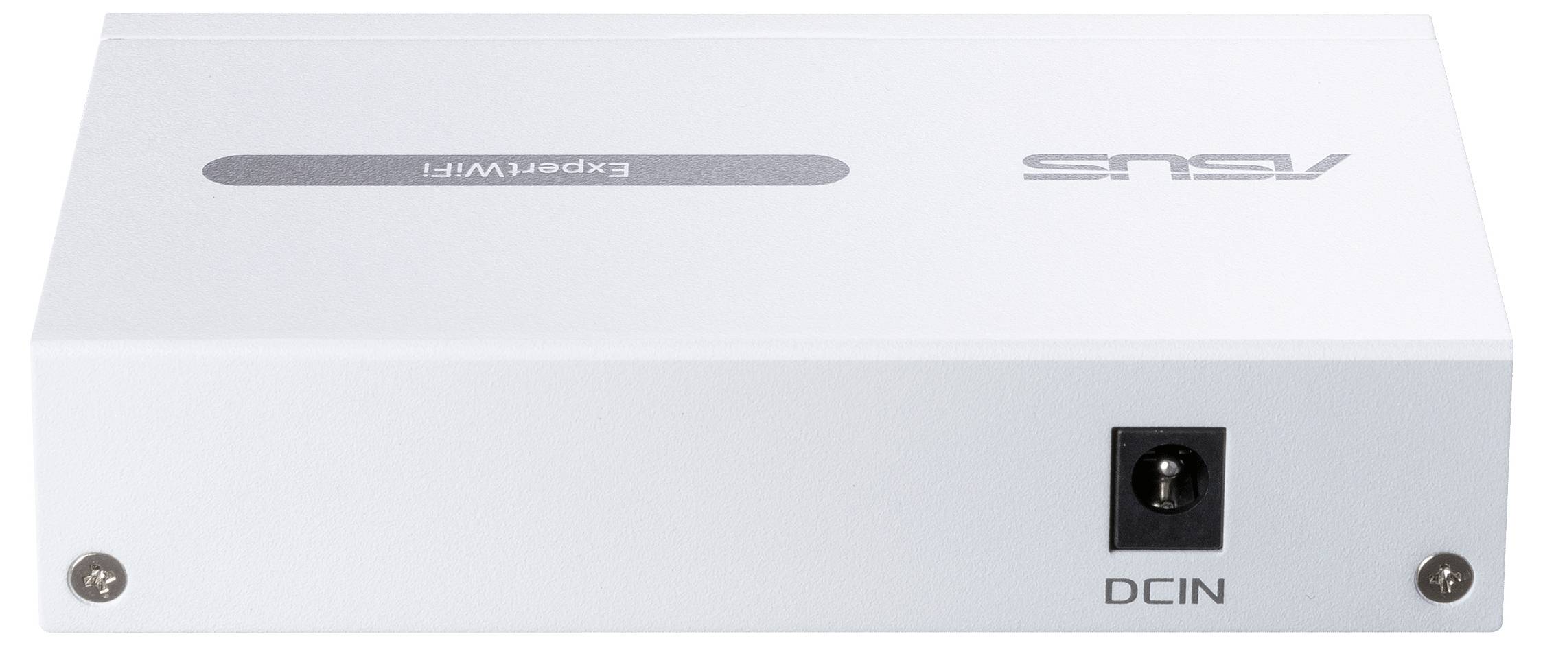 En vit enhet med texten 'Express/ViFi' och 'ASUS' och en DCIN-anslutning på framsidan.