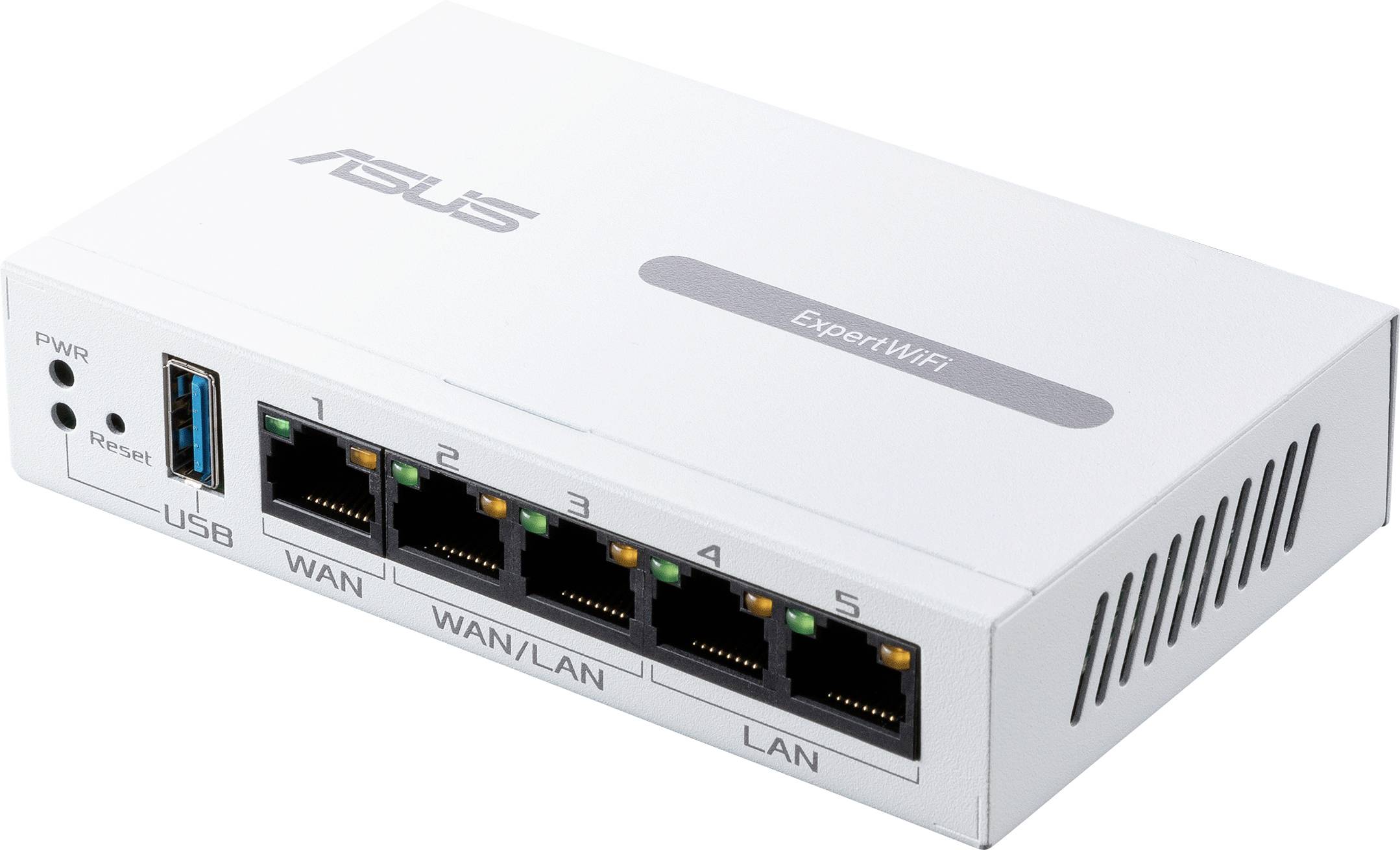 Vit router med fem Ethernet-portar (WAN, LAN) och en USB-port på framsidan, med varumärkets logotyp på.