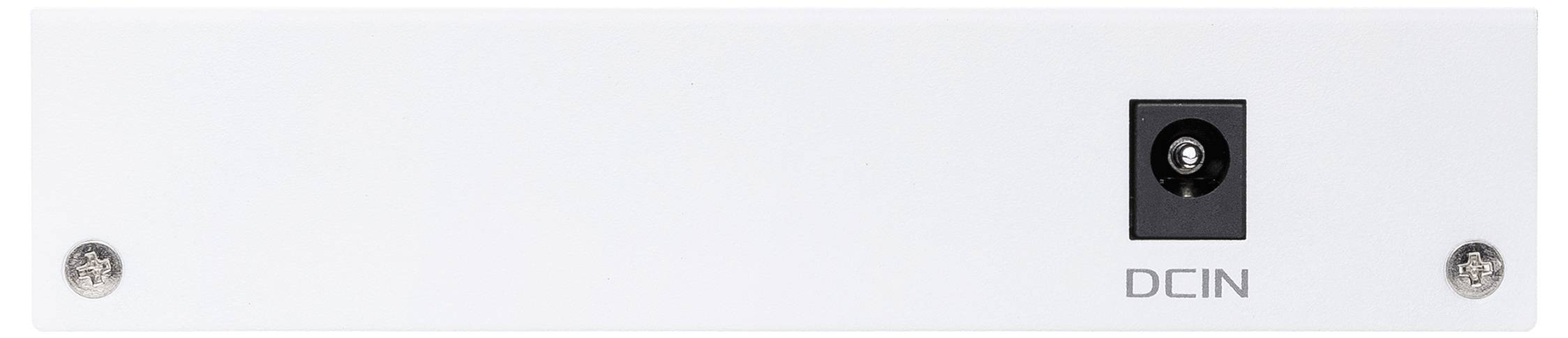 Bakifrån syns en vit enhet med en likströmsanslutning och texten 'DCIN' till höger om anslutningen.