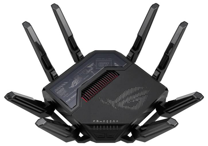 Svart WLAN-router med åtta antenner i futuristisk design, med logotyper på ytan, lämplig för spelapplikationer.