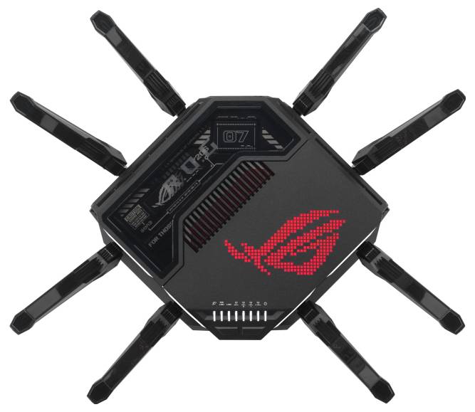 En svart router med åtta antenner, rött logotyp och digital display som visar nätverksanslutningar. Högpresterande enhet för gaming.