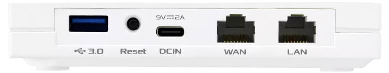 Baksidan av en nätverksenhet med USB 3.0, återställningsknapp, DC IN-kontakt, WAN- och LAN-portar.