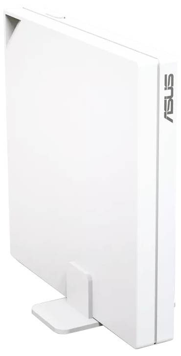En vit WLAN-router från ASUS i ett slank, vertikalt design på ett stativ.