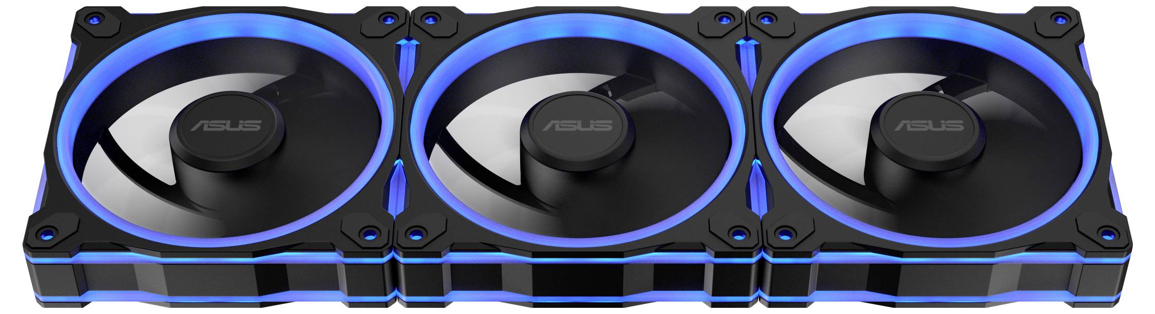 Tre svarta datorkylfläktar med blå LED-detaljer på rad, designade för effektiv luftcirkulation i PC-höljen.