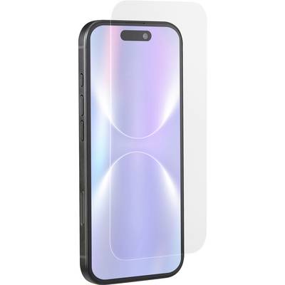 En smarttelefon med ett reflektivt, färgglatt skärmskydd på plats, som belyser skärmskyddets klarhet och passform på enheten.