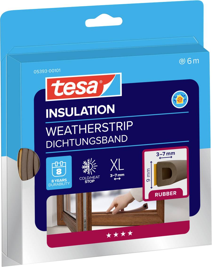 "Weatherstrip"-produktförpackning med ett fönsterbild. Text betonar isolering, gummimaterial, 8 års hållbarhet, 6 meters längd.