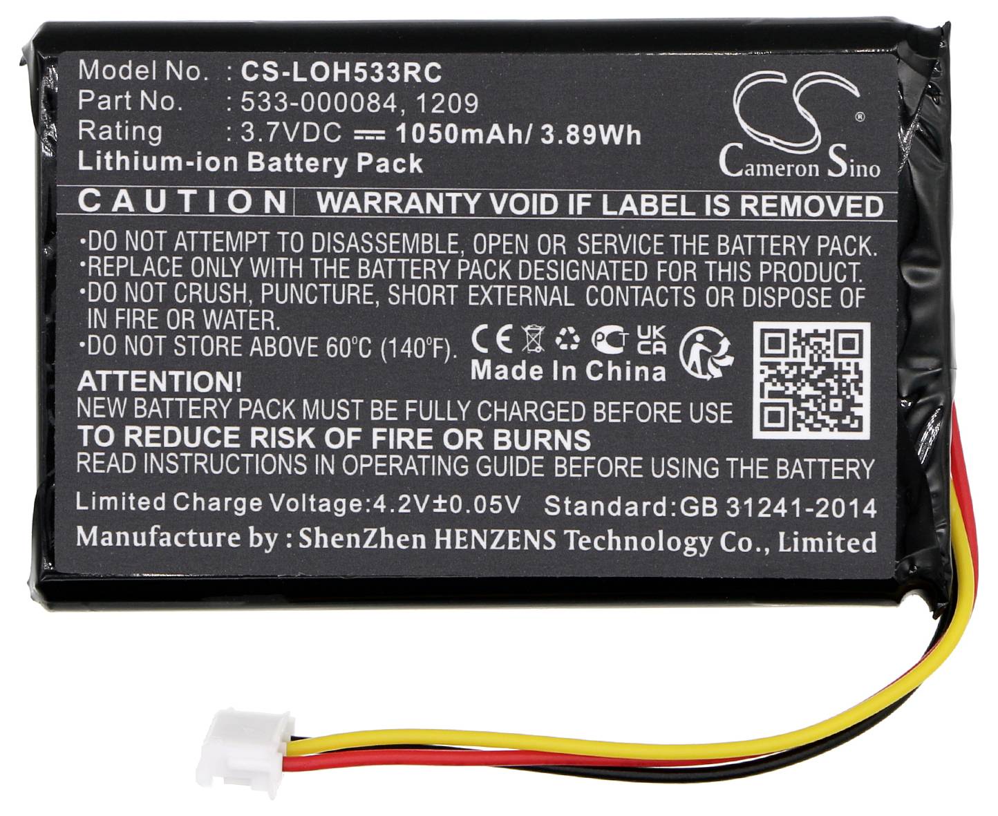 Bilden visar ett litiumjonbatteri med specifikationer: Modell CS-LOH533RC, 3,7V, 1050mAh, 3,89Wh. Varningsanvisningar för säker användning.