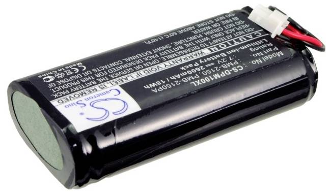 En svart, cylindrisk litiumjonbatteri med vit textinformation och en röd och vit kabel på ovansidan.
