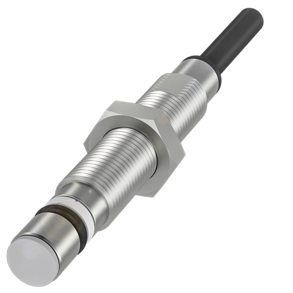 En cylindrisk metallinduktionssensor med gänga, två muttrar för fästning och en svart kabelanslutning i änden.