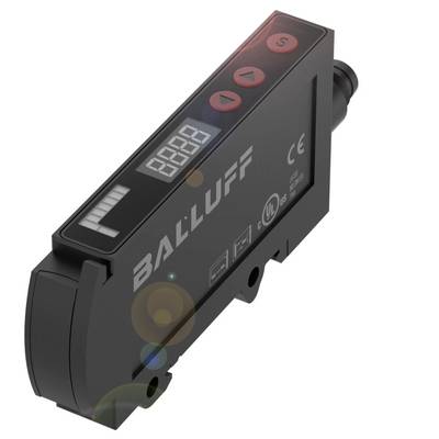 En svart optisk sensor med display och röda manöverknappar från Balluff. Visar digital visning och CE-märkning.