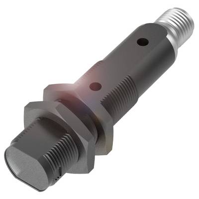 En cylindrisk sensor med gänga och en fästmutter, används i industriella tillämpningar för avståndsmätning.