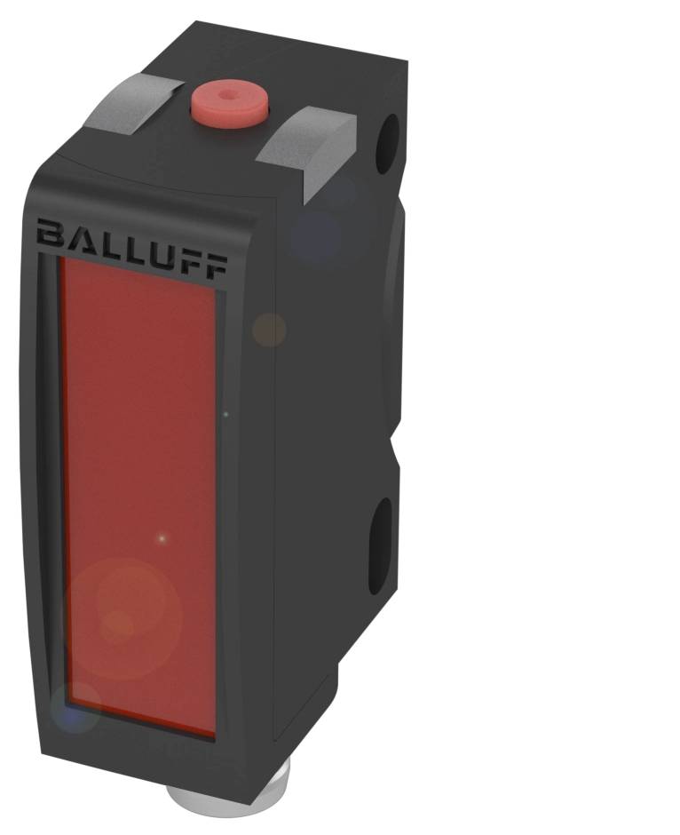 En rektangulär, svart sensor med röd framsida och logotypen 'Balluff' överst, används för objektdetektering i industriella tillämpningar.