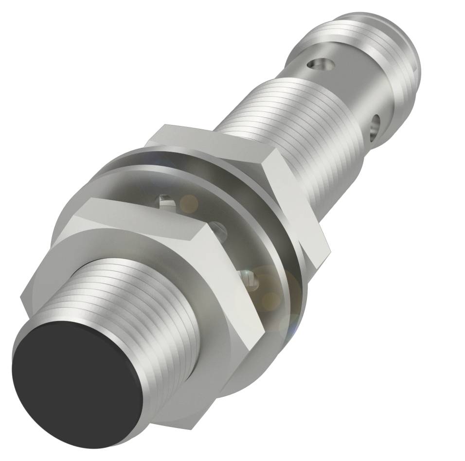Metallsensorcylinder med räfflad yta, två skruvgängor och en avrundad svart ände, främst använd i industriella tillämpningar.