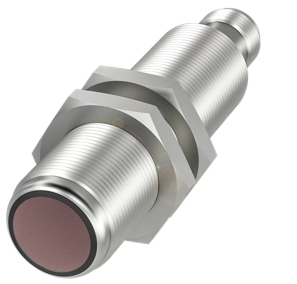 Metallisk cylindrisk sensor med gänga och slät, röd frontyta, för detektering av objekt i industriella tillämpningar.