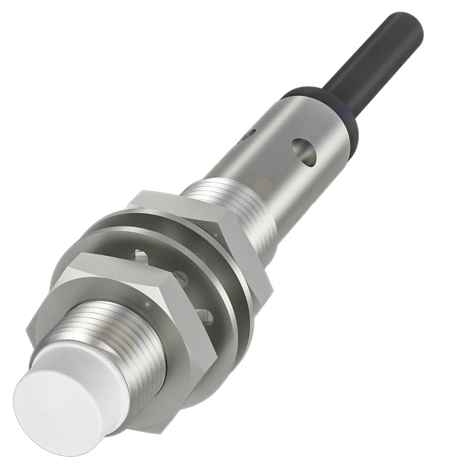 En cylindrisk metallsensor med gänga och kabel, lämplig för industriella tillämpningar för objekt- eller avståndsdetektion.