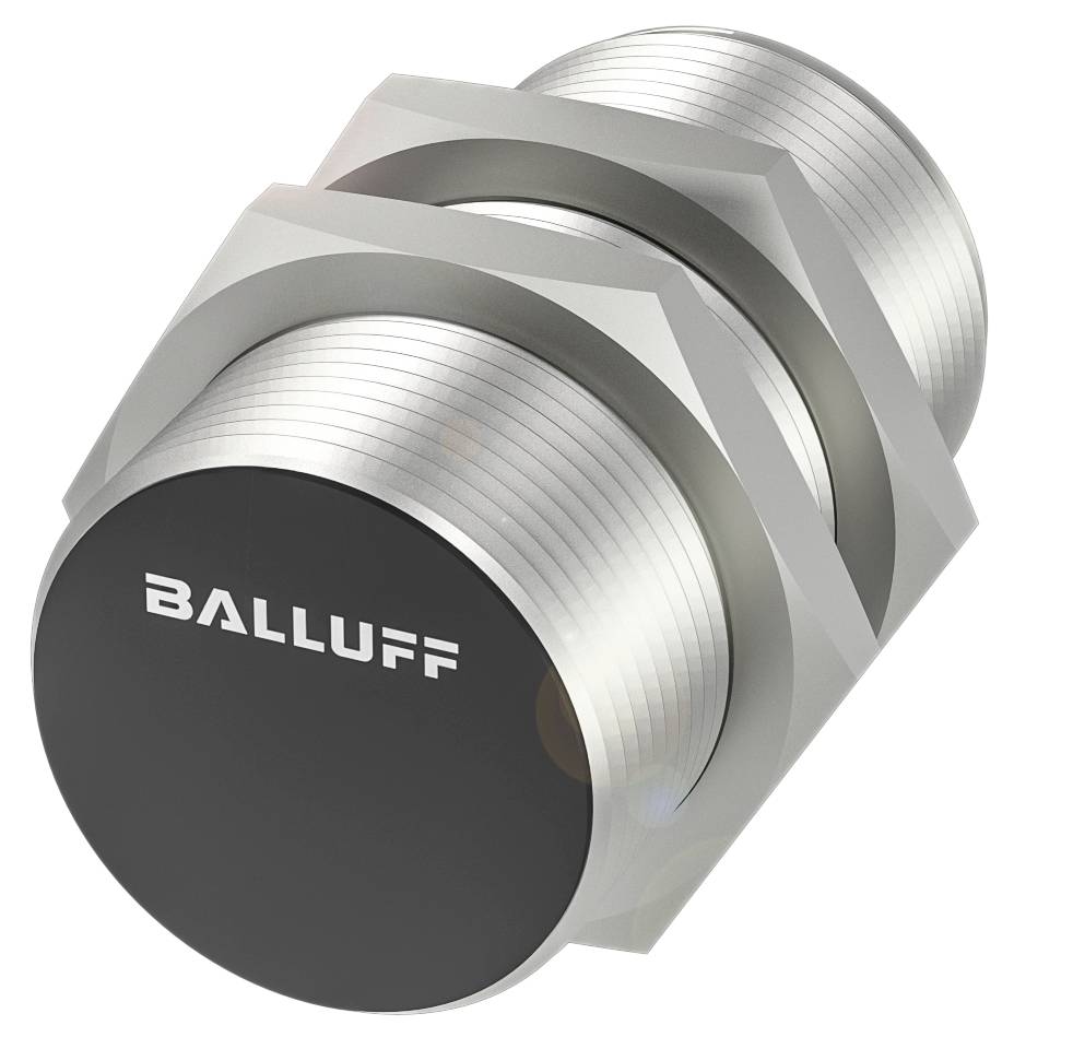 En cylindrisk närhetssensor av metall med texten 'BALLUFF' på frontyttan, lämplig för industriella tillämpningar.