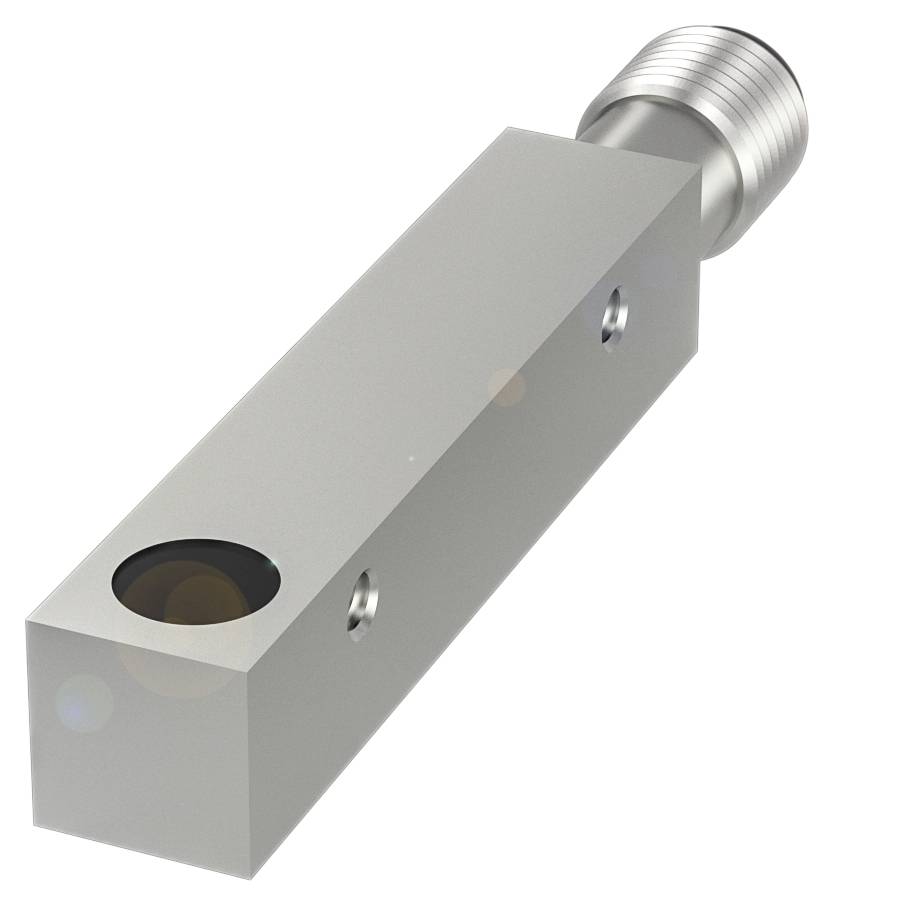 Metallsensor med rektangulärt hölje och rund lins, lämplig för industriella tillämpningar.