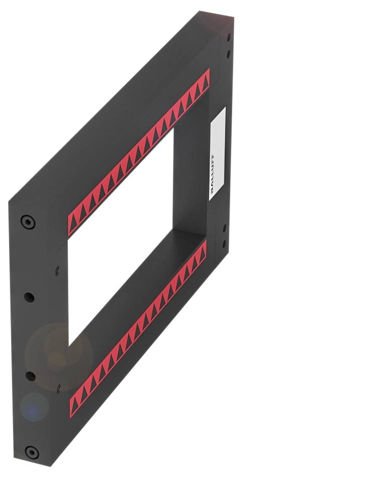 Metallram med digital display och rödmarkerade trianglar längs kanterna.