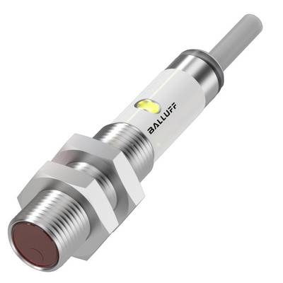 En cylindrisk sensor med kabelanslutning och gul indikatorlampa. Märkningen 'BALLUFF' syns på den vita ytan.