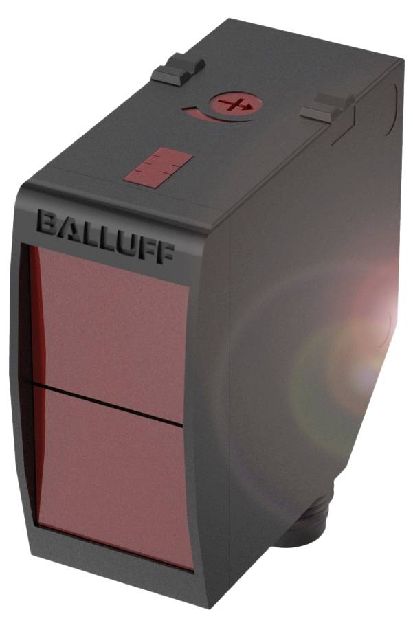 En rektangulär, svart sensor med röd front från Balluff, använd för precis positionsdetektering i industriella tillämpningar.