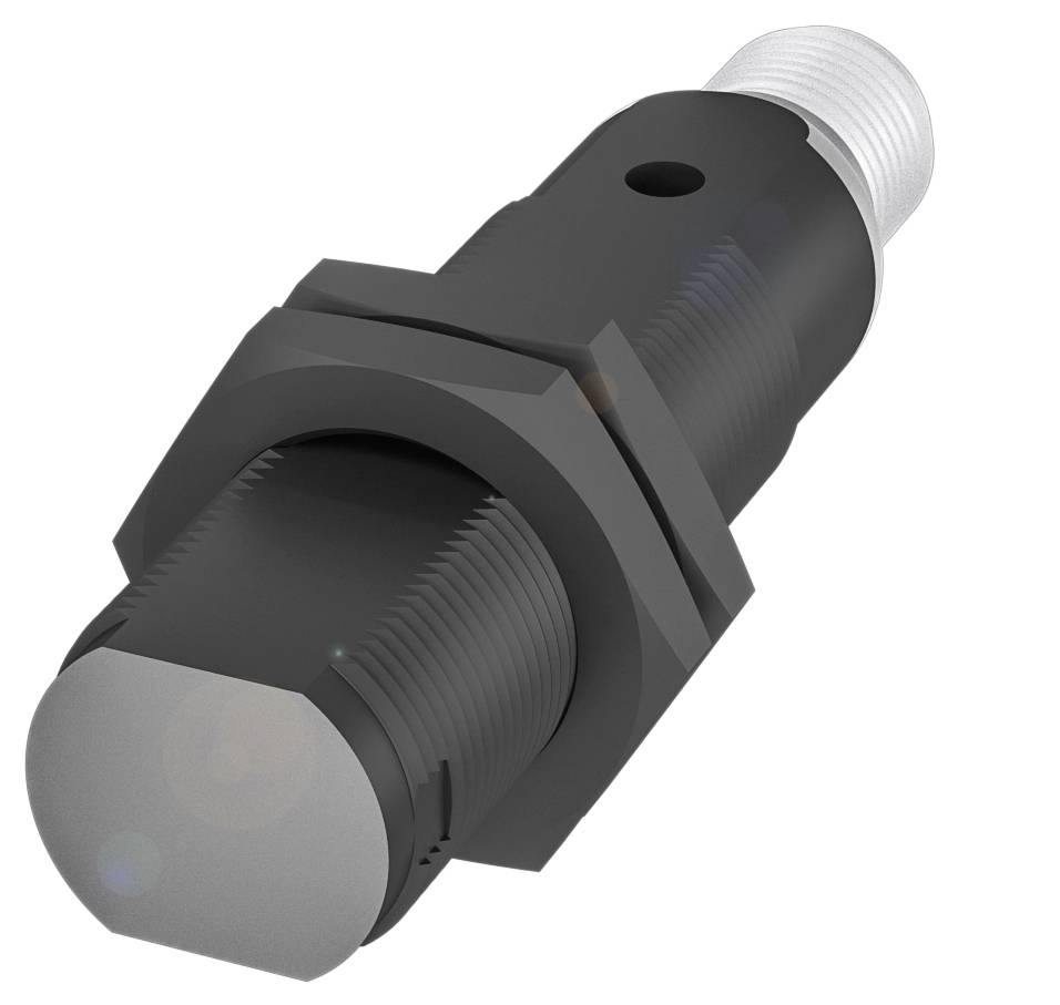 Cylindrisk sensor med gänga och stickpropp, sedd från sidan och framifrån. Lämplig för industriella tillämpningar.