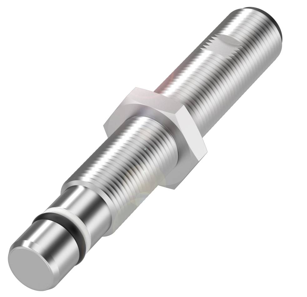 En cylindrisk, metallisk sensor med gänga och sexkantsmutter för justering, vanligtvis använd för att detektera objekt.