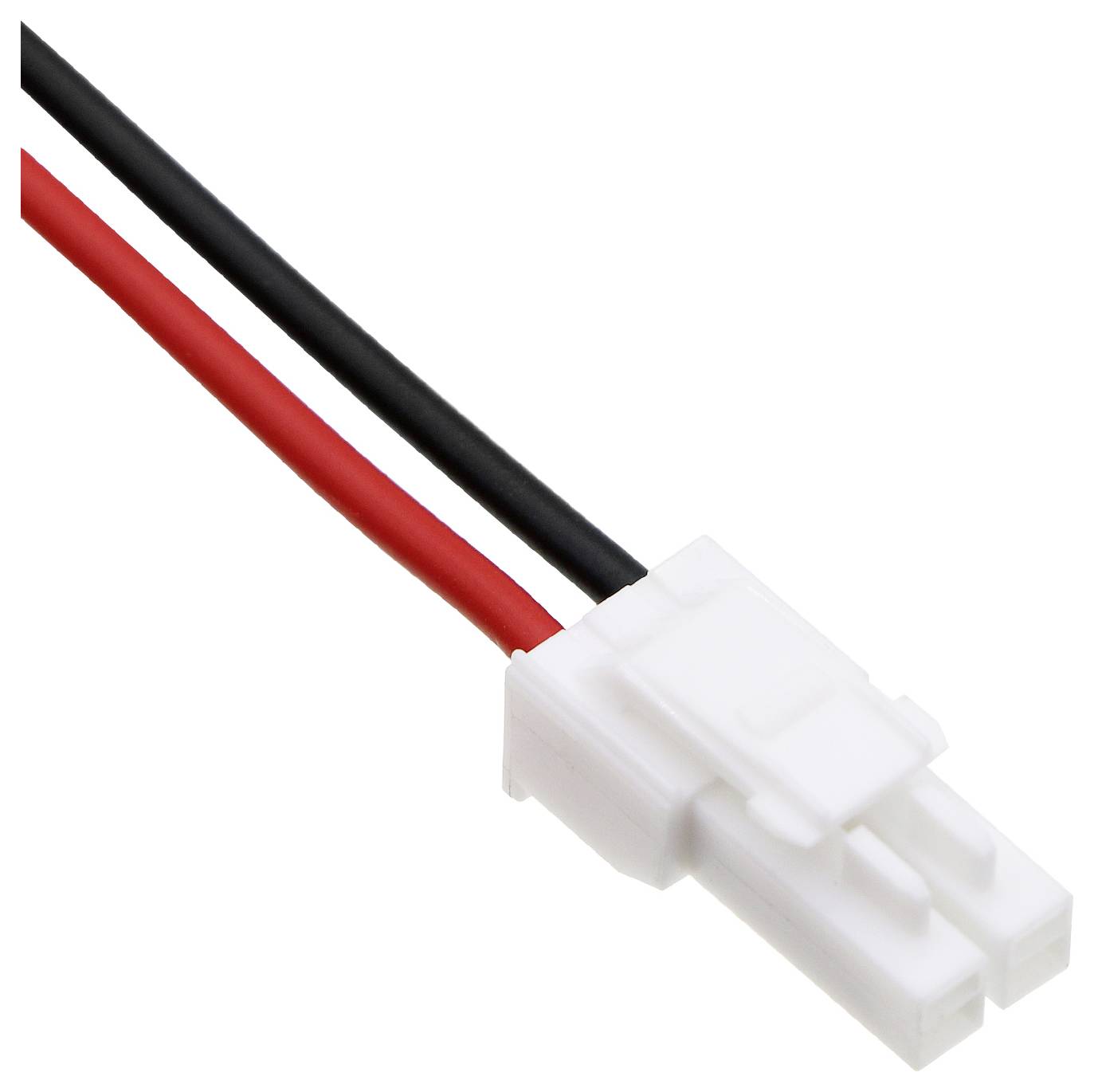 En vit plastickontakt med två utstickande trådanslutningar: en röd och en svart kabel.