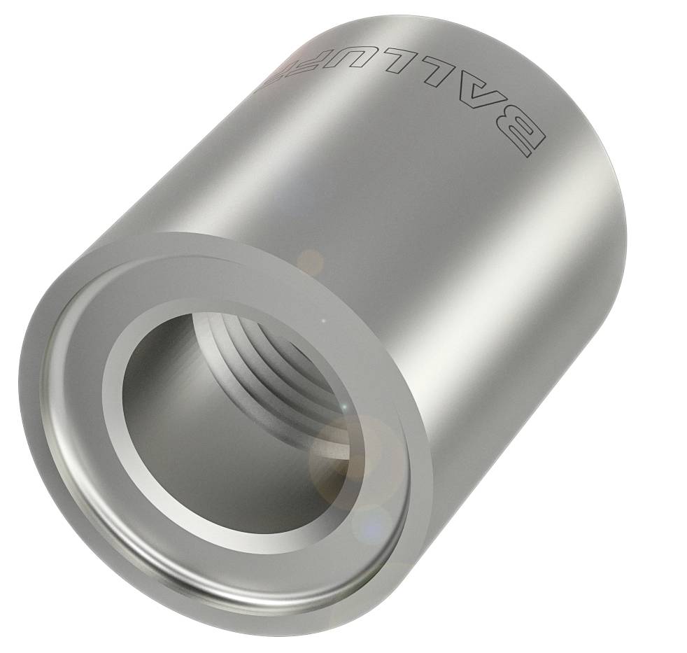 Silveradapter, cylindrisk med invändig gänga och ingraverad text 'BALLUFF'.