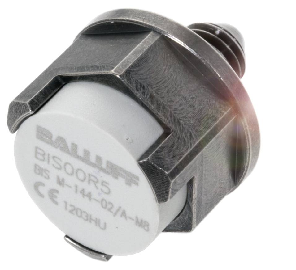 En cylindrisk elektronisk sensor med metallhölje, märkt med 'BIS00R5', lämplig för industriell användning.