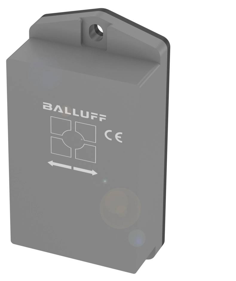 En rektangulär, grå sensor med texten 'BALLUFF' och en CE-märkning. Den har en öglefäste upptill för montering.