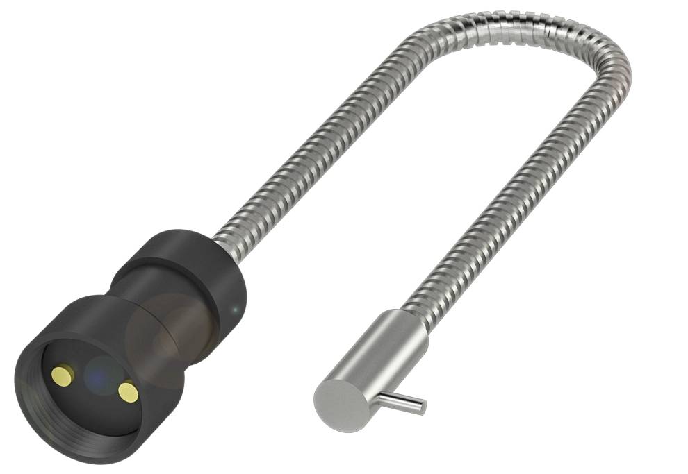 'Avbildning av ett flexibelt, metalliskt svanhalslås med tvåpolig kontakt, lämpligt för säkring av elektroniska apparater.'