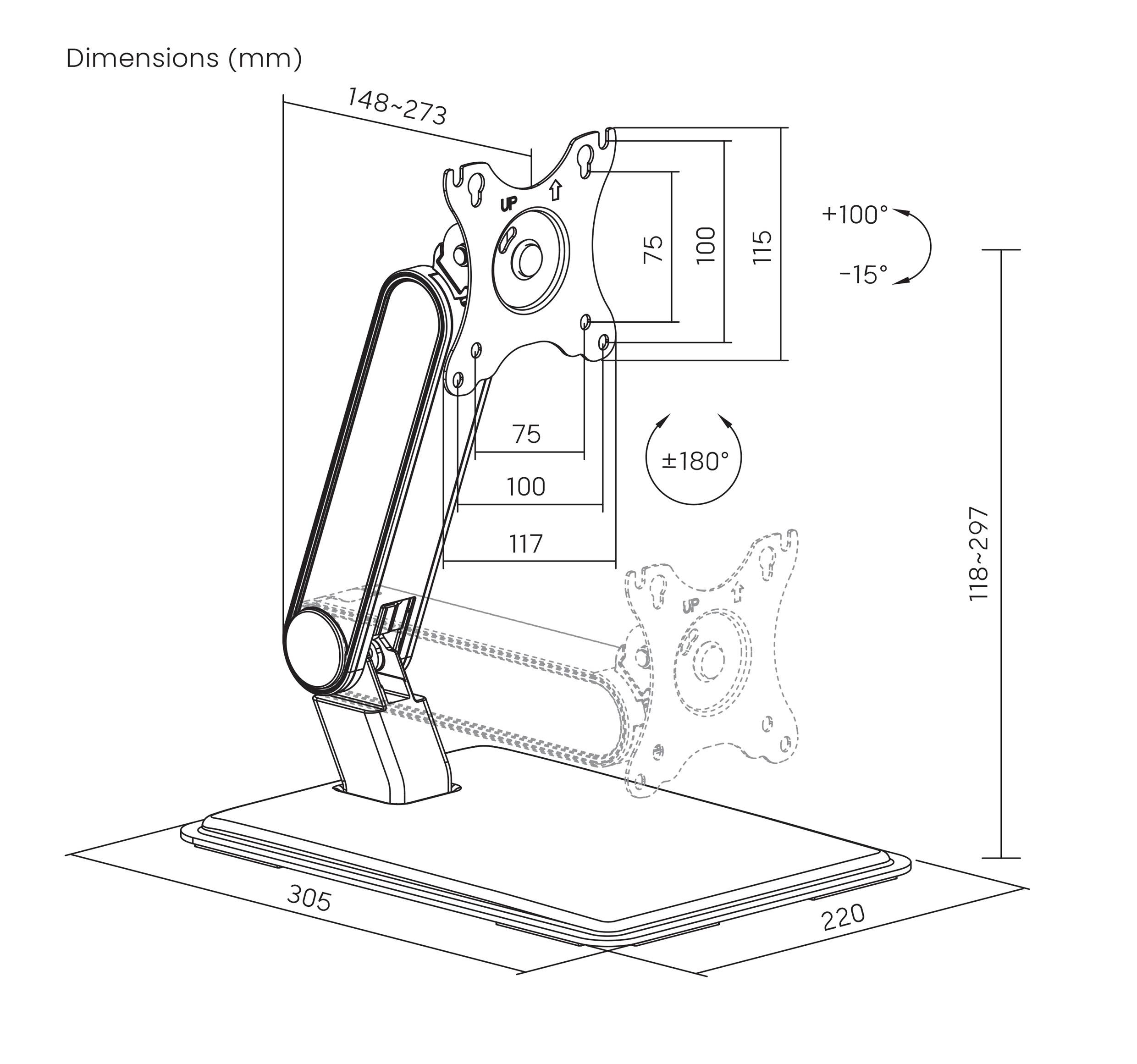 Diagram över en justerbar monitorarm med dimensioner: höjd 118-297 mm, djup 148-273 mm, bas 305x220 mm, rotation ±180°, lutning +15° till -15°.