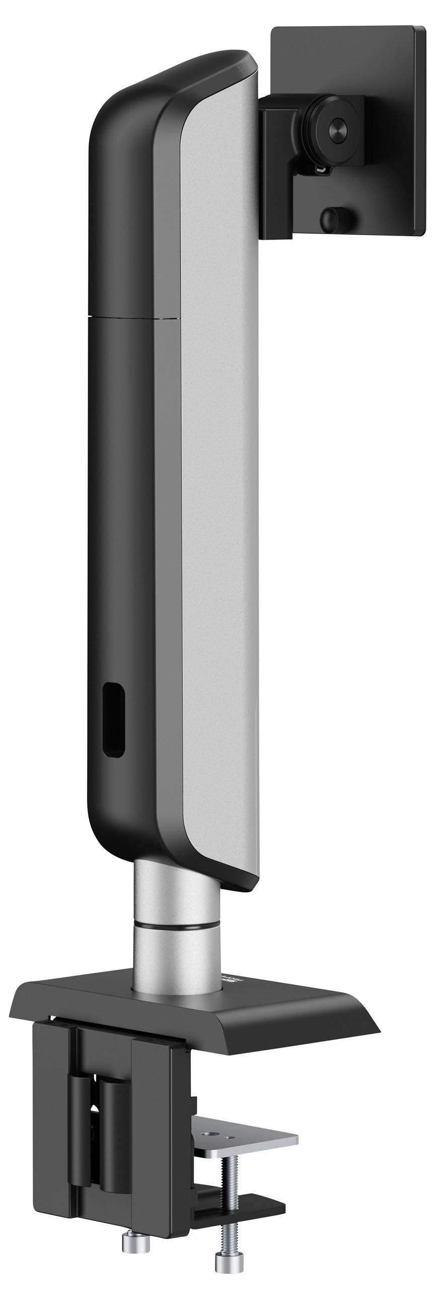 Ett vertikalt stativ med en C-klämsbas; avsett för att säkra en enhet till en plan yta eller kant.