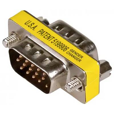 En DB9-könsväxlaradapter med gul etikett där det står 'U.S.A. Patent 5199906, Gender Changer'.