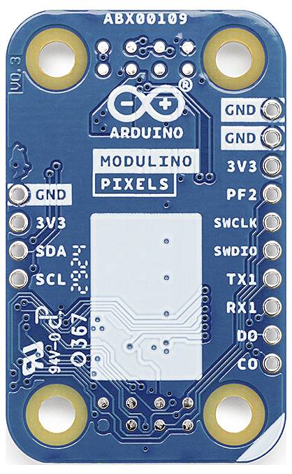 'Arduino Modulino Pixels' mikrokontrollerplatta. Ovanför märkningar för anslutningar: GND, 3V3, SDA, SCL, PF2, SWCLK, TX1, RX1, DO, CO.