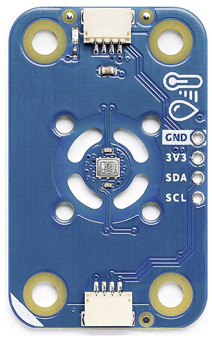 Ett blått elektroniskt sensorboard med anslutningar och fyra monteringshål. Märkning: 'GND', '3V3', 'SDA', 'SCL'.