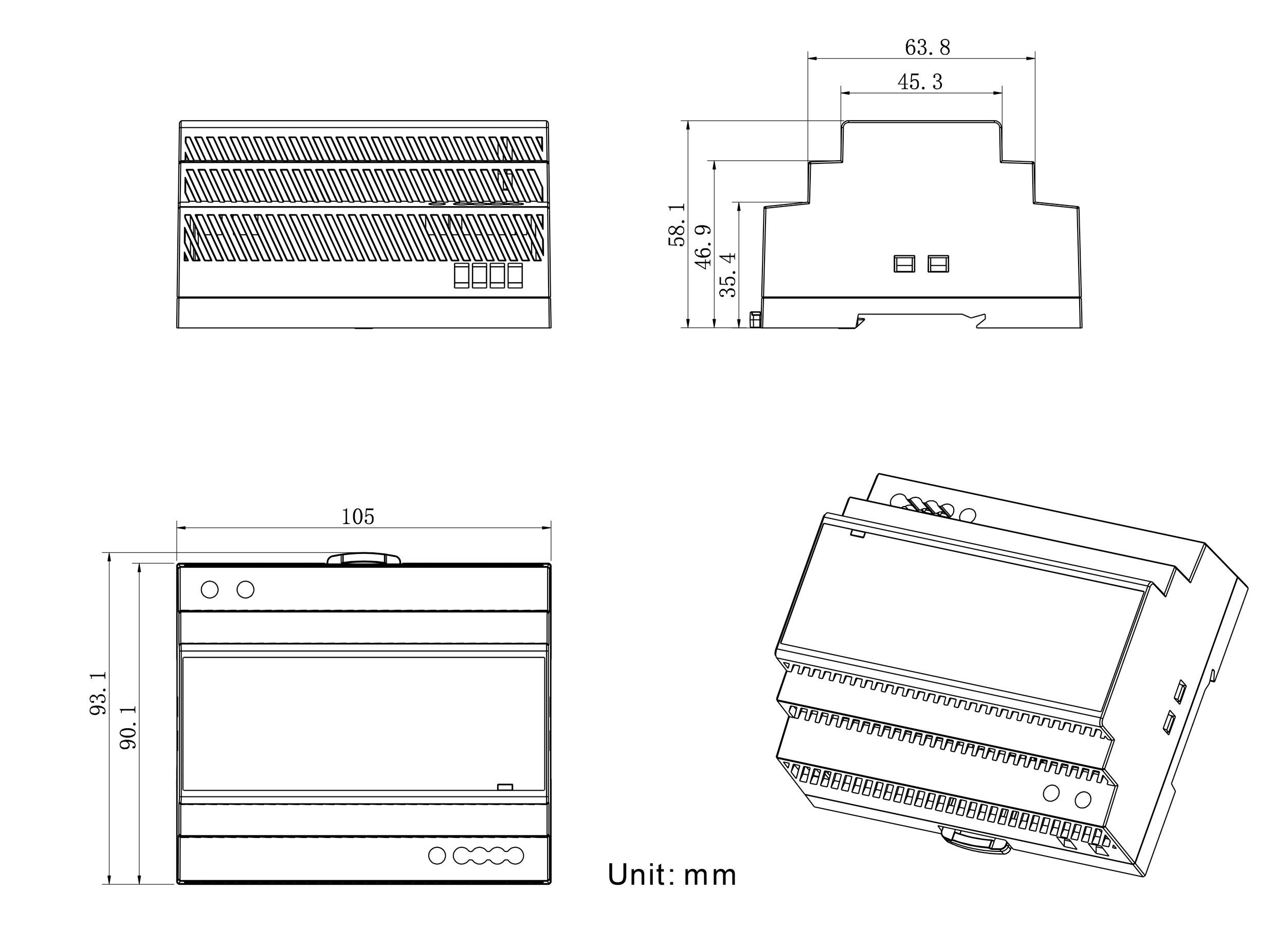 Teknisk dimensionerad ritning av en elektronisk enhet i millimeter, som visar front-, sido- och vinklade vyer med mått för designspecifikationer.