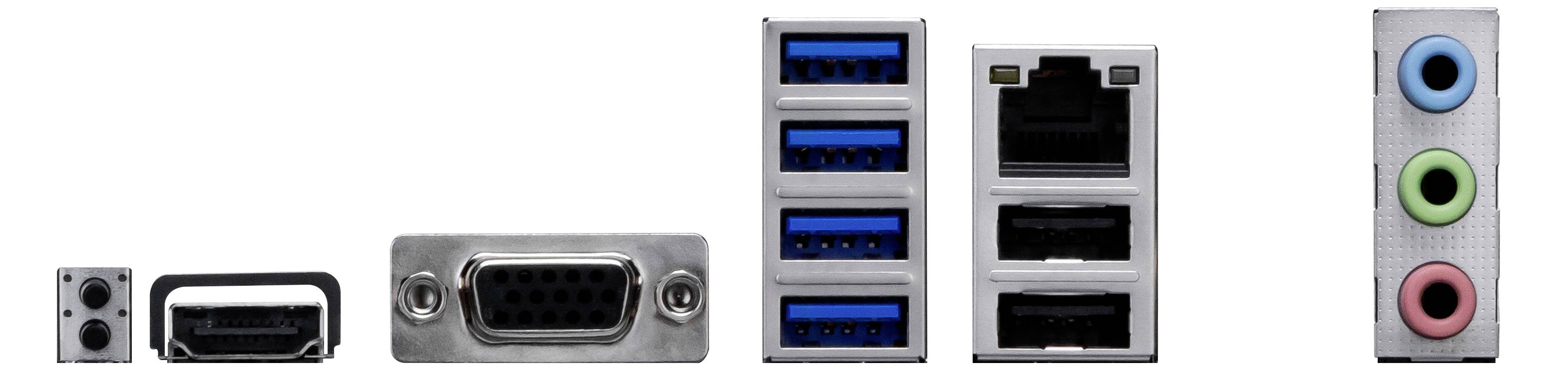 Bild som visar en rad olika datoranslutningar: USB, Ethernet, VGA och ljuduttag i olika storlekar och färger.