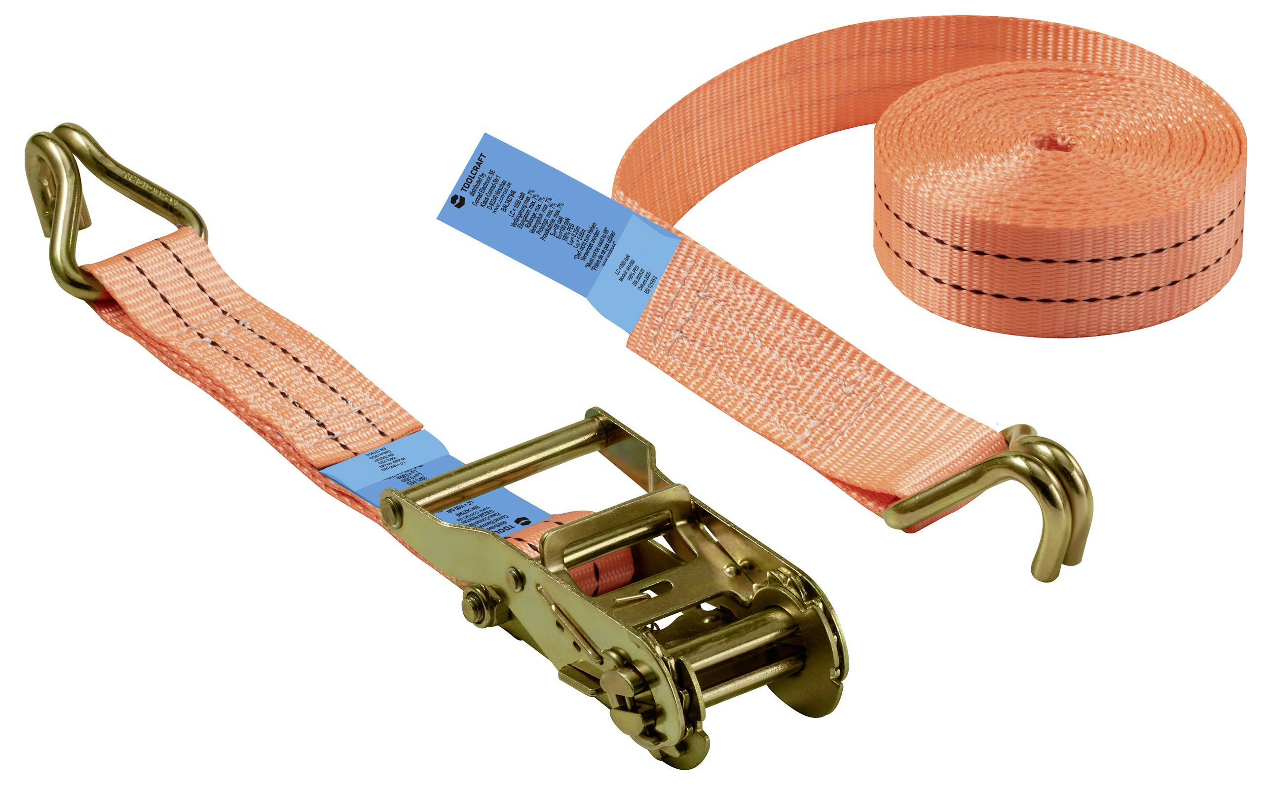 Orange spännband med metallhakar och en blå etikett, används för att säkra last. Spännbandet är delvis upprullat och visar sin flexibilitet.