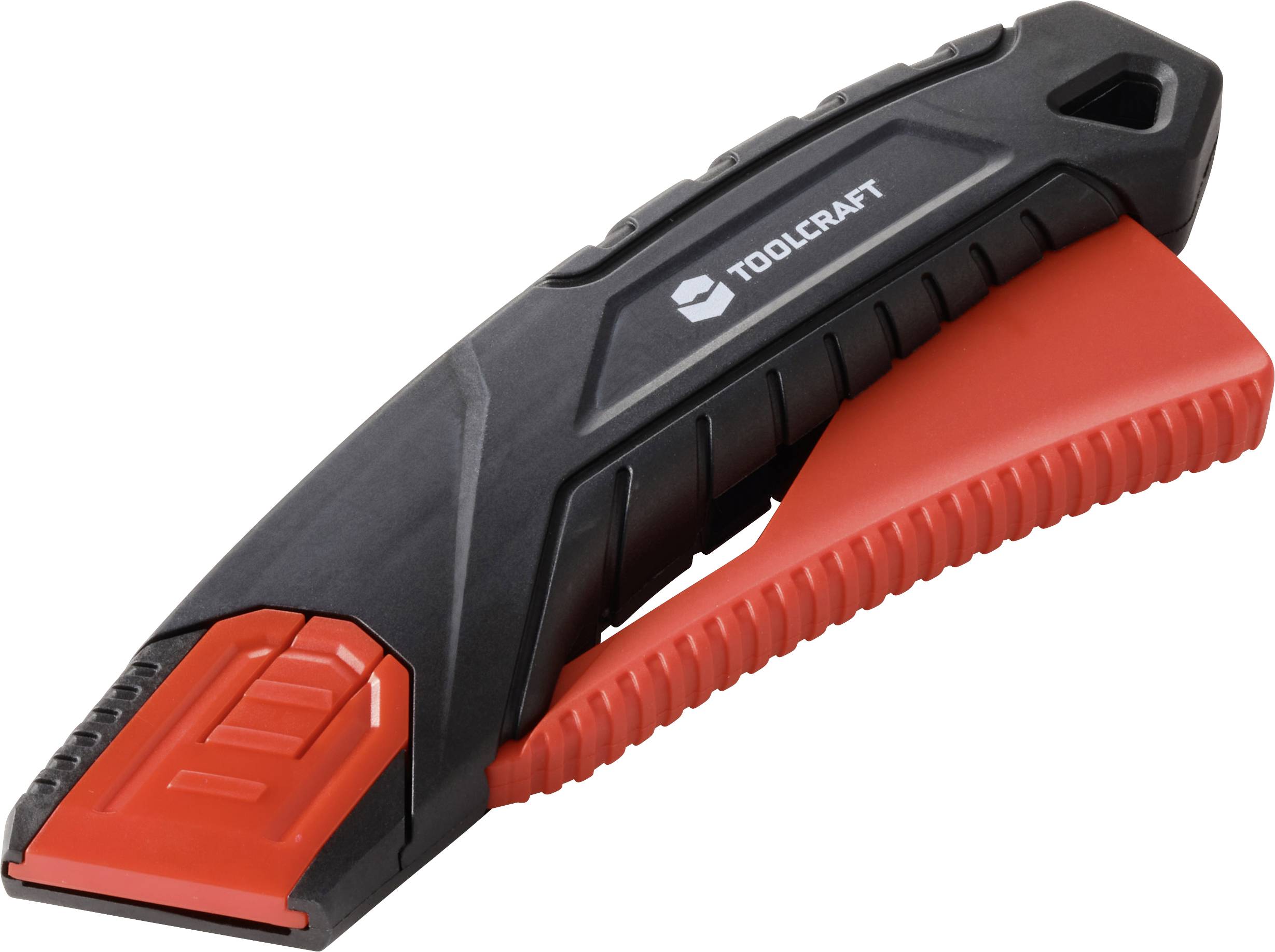 En svart och röd multikniv med TOOLCRAFT-logotyp, utrustad med ett infällbart blad och en ergonomisk handtag för säker och exakt skärning.