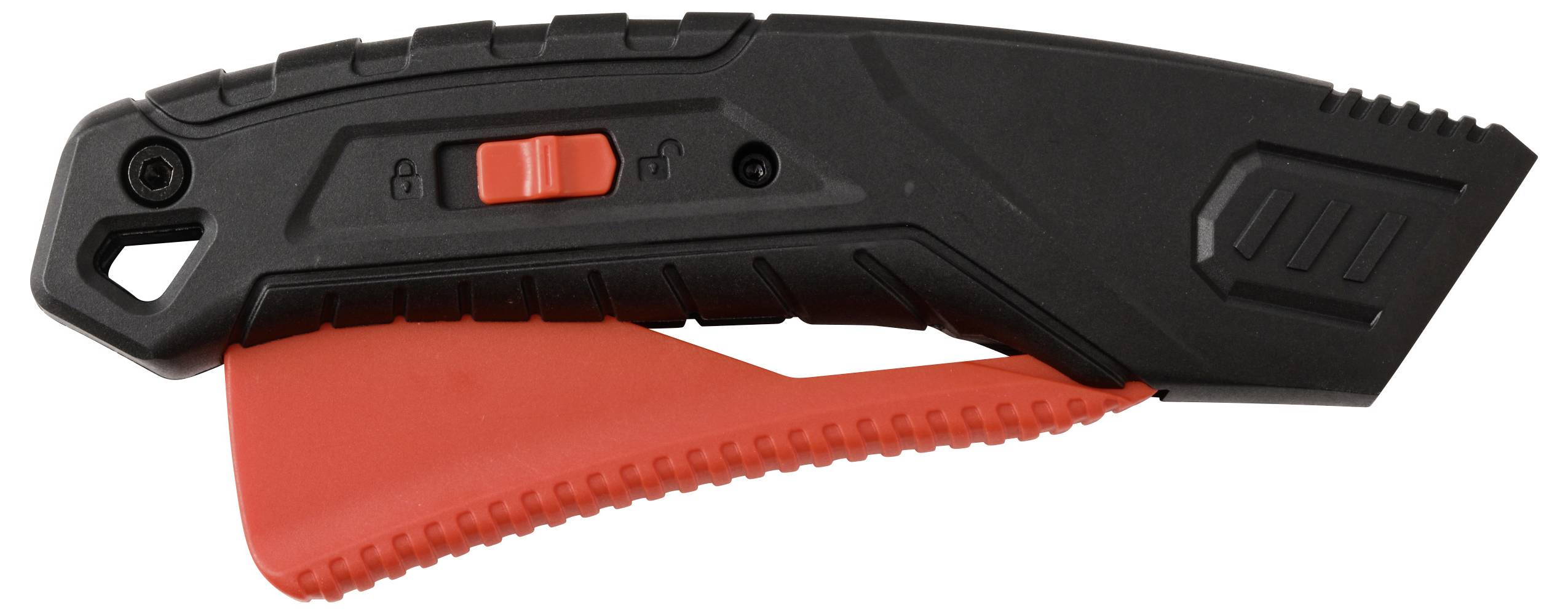 En svart och röd säkerhetsutilitetskniv med ett indragbart blad och en låsomkopplare. Kniven har en ergonomisk handtagsdesign.