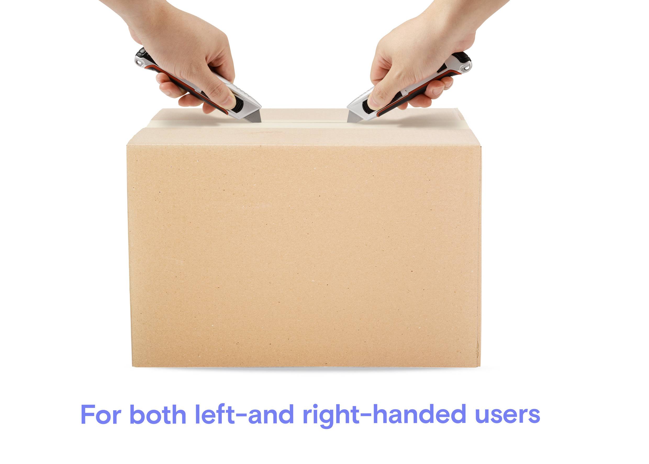 Händer som håller upp hobknivar ovanför ett paket med text "För både vänster- och högerhänta användare".